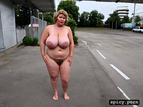 completely huge floppy saggy breasts on very fat 60 years old posh russian woman large hairy cunt fat very stupid cute face with small nose much makeup semi short hair standing straight in siberian empty concrete parking lot very large very fat floppy tits full body view large view