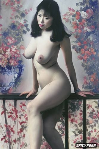 fat thighs, dancing, japanese ethnicity, realistic painting