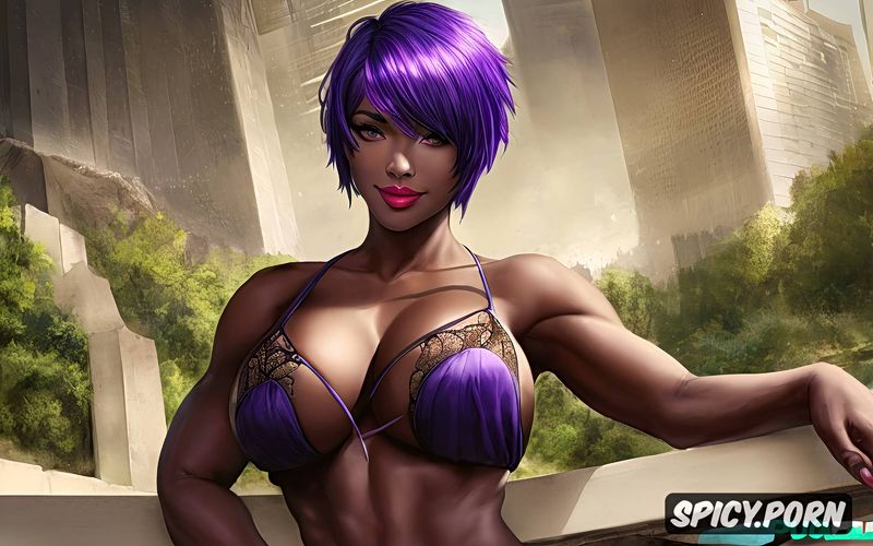 beautiful demon woman, athletic body, sexy smile, purple short hair