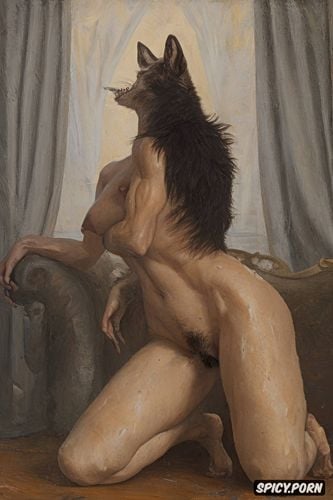 werewolf, pink nipples, exorcism, degas oil painting, victorian gown