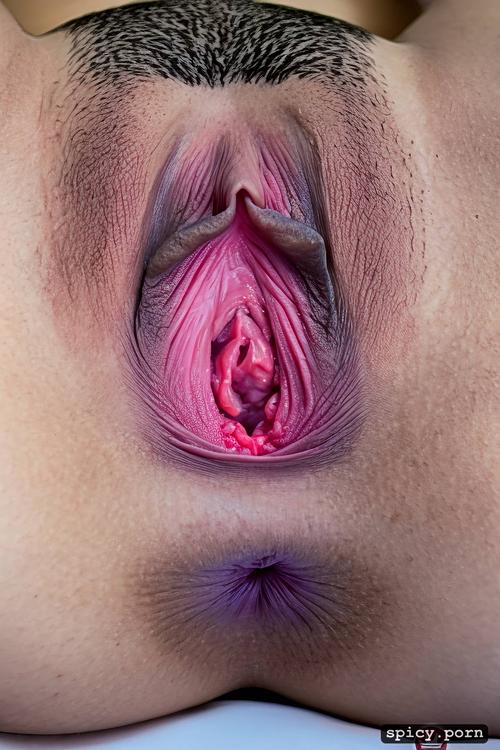 facing the viewer, pussy gape, pussy close up, no pubic hair smooth pussy