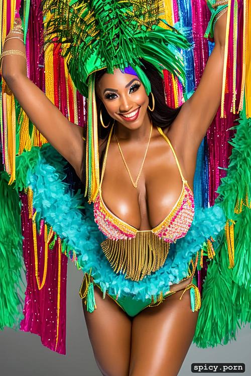 long hair, color portrait, color photo, giant hanging tits, intricate costume with matching bikini top