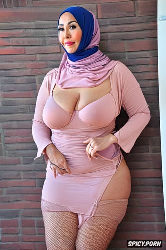 symmetrical, bright soft colors, hyper realistic, hijab and thigh fit sexy dress with falling out tits and exposed crotch