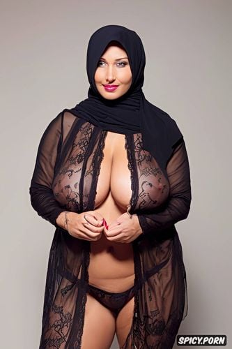 huge tits, hijab, curvy sexy well groomed body, solid background