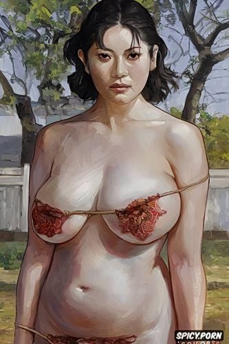 elderly japanese woman with small drooping tits, broad shoulders