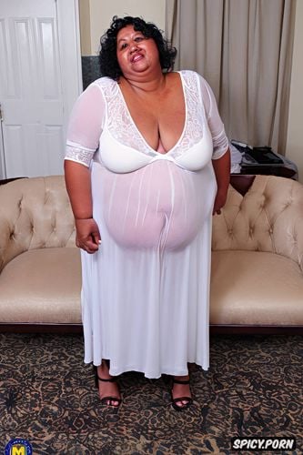 fupa, wearing a white sheer tight white night gown, big ssbbw belly that pops out