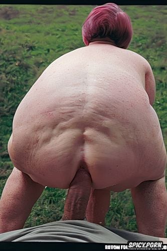 rear view, squatting, white granny, pastel colors, naked, hyperrealistic pregnant pissing muscular thighs red bobcut haircut tanned