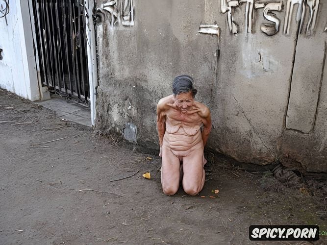very old granny, naked, facing the camera, dirty, alley, point of view