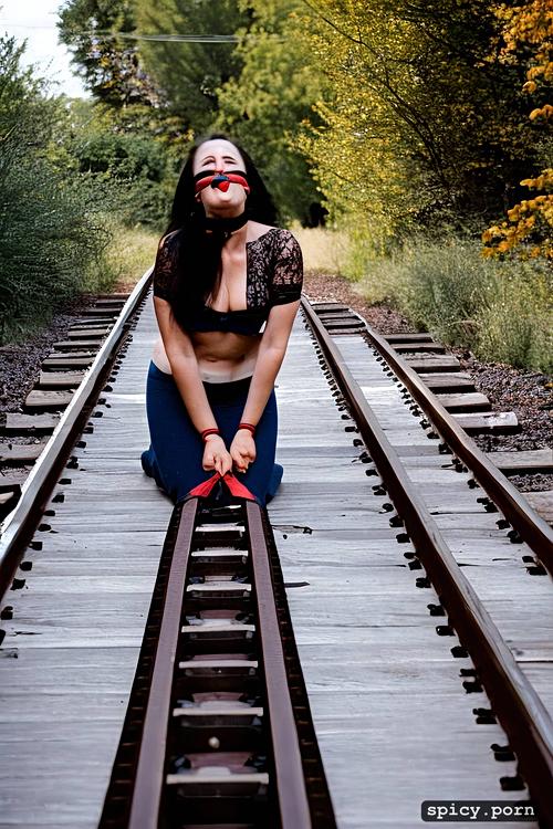 woman tied and gagged on railroad tracks
