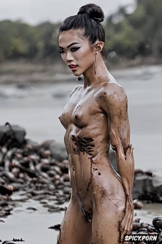 creampie, wet, philippine shemale doll, covered in earthworms