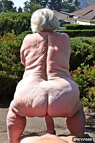 white granny, squatting, rear view, hyperrealistic pregnant pissing muscular thighs red bobcut haircut tanned