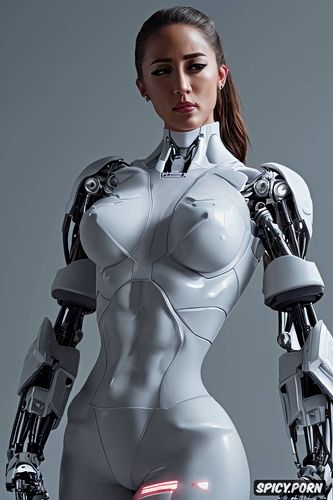 fit female standing at attention, defined muscles, wearing cybernetic vr glasses