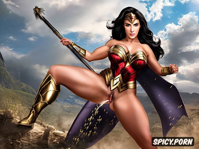 wonder woman with giant massive bare tits, peeing pussy, pee