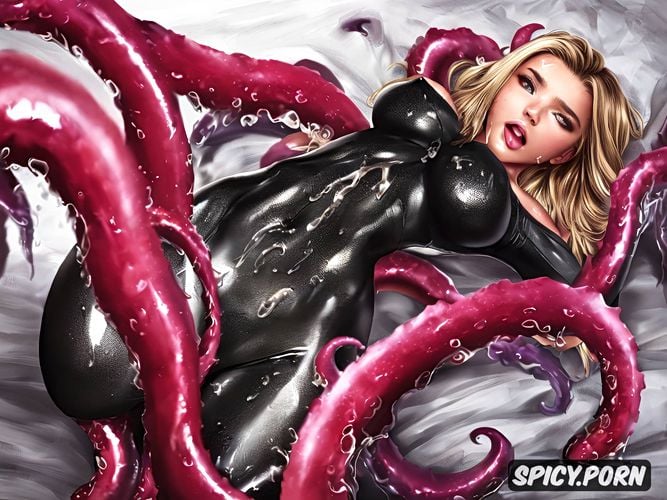 lying on bed with tentacles coming from under the bed, sweaty wet oily shiny slick skin wearing shiny wet oily latex cosplay catsuit bodysuit with cutouts