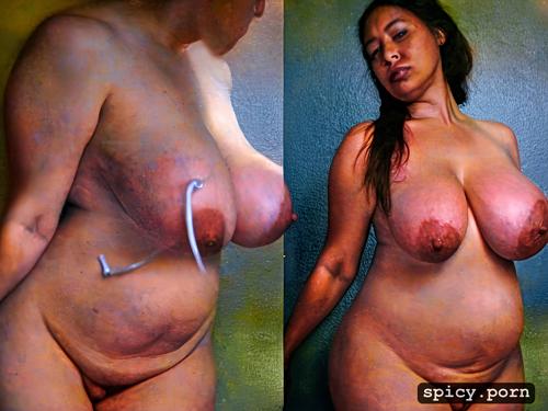 ugly, 45 y o, bruized left breast, sad face, long breasts, big areolas