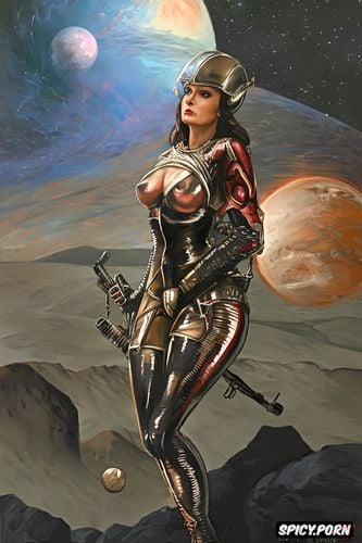 lunar landscape, milla jovovich, low angle shot, big helmet alessandra daddario