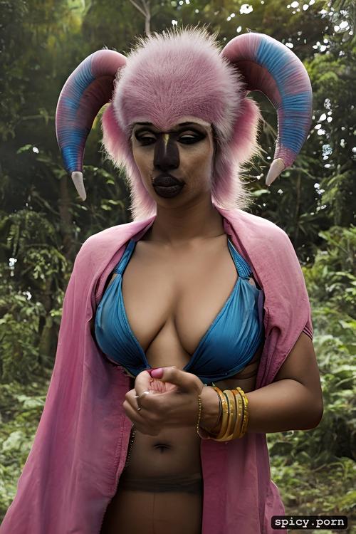 portrait, natural tits, mandrill face woman, pink pastel blue nose