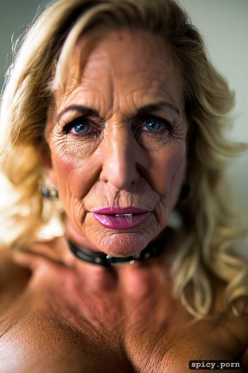 gilf, mouth gagg, old, nipple ring piercing, ugly, front view