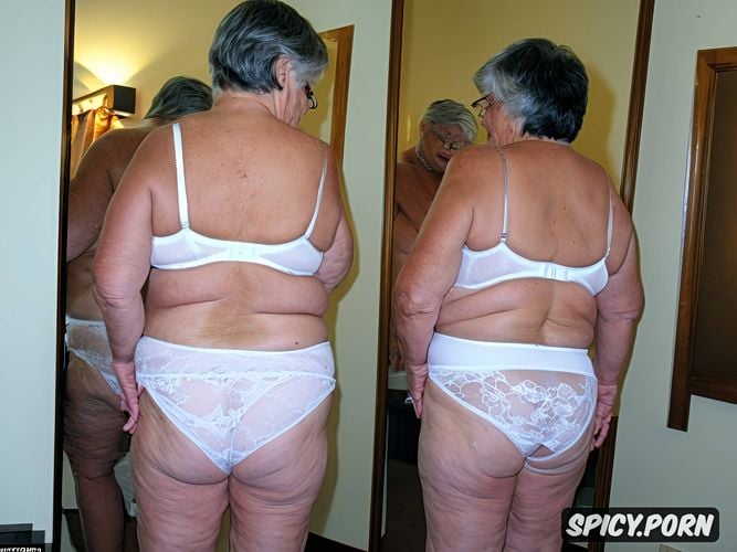 in white high, very old fat granny, photographed from the back