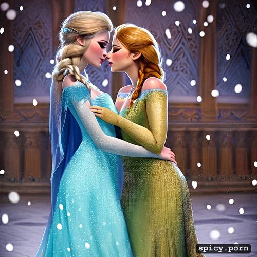 ice palace throne room, elsa and anna, smirks, rosy skin, snow falling