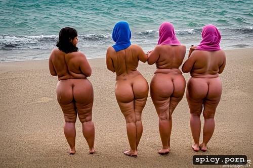 sagging ass, short hair, white nails, curly short hair, four arabian grannies standing at beach