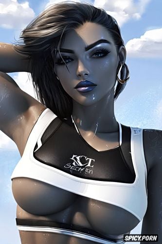 ultra detailed portrait, ultra realistic, ashe overwatch female yoga instructor black yoga pants white sports bra sweaty beautiful face full lips milf