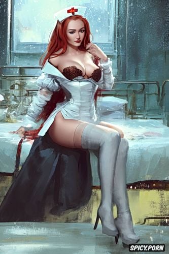 short hemline, perfect body, long legs, vibrant, sexy nurse open top