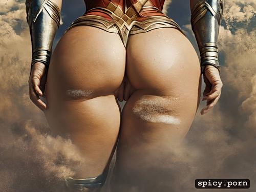from behind, firm round ass, dripping wet pussy, close up, wonder woman