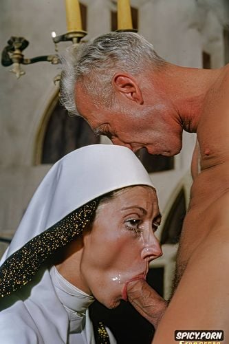 eyes wide in fear and shock, freckled innocent pretty nun attacked and overwhelmed by intruders in church