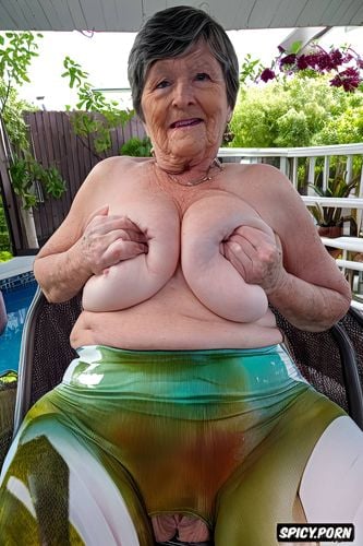 encouraging masturbation, gilf, jewelry, background patio, old irish granny