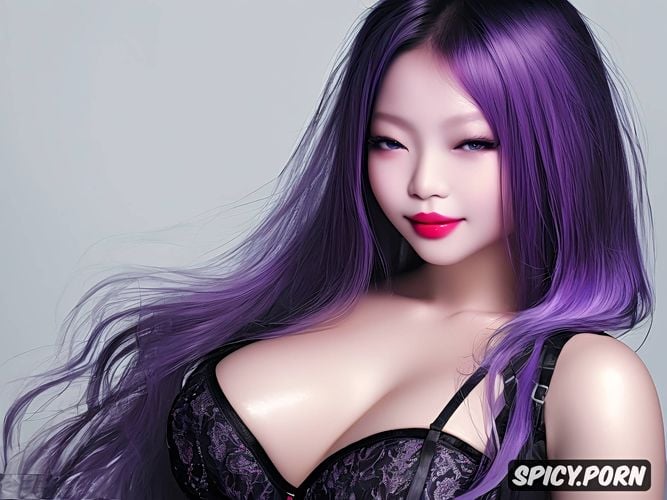 short, 35 years, oiled body, chinese female, purple hair, office
