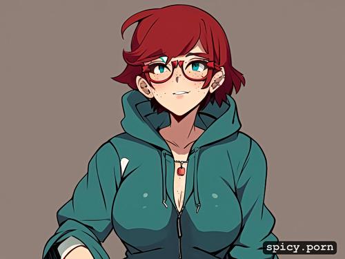 round glasses, white woman, dark grey and teal hoodie, 18 years old