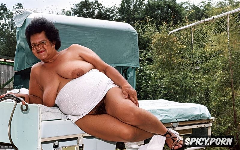 very old ssbbw, sandals, very large belly, hospital gown unbuttoned at the front