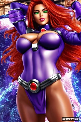 ultra realistic, busty, high resolution, starfire dc comics new beautiful face young full body shot