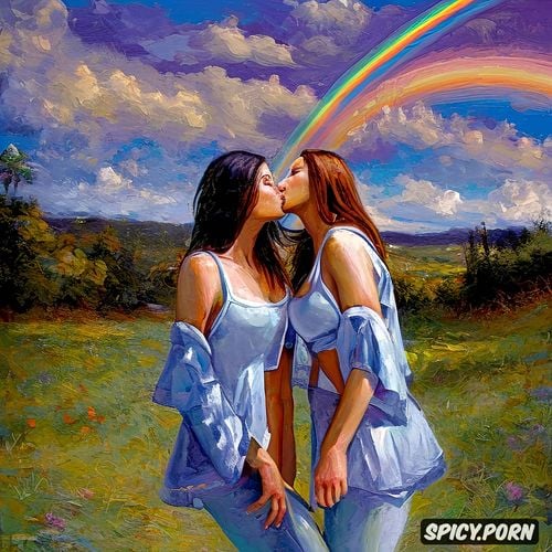 lesbian couple kissing, rainbow sky, sidele