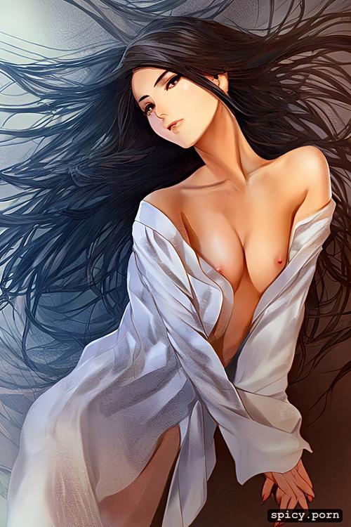 streaked hair, beautiful realistic anime art style, partially clothed
