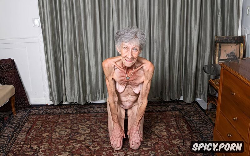 naked, grey hair, very thin, pale, very old granny, kneeling