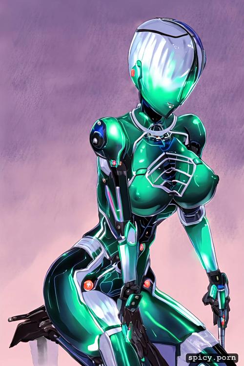 rainbow hair, robot woman, perfect body, silicon breasts, metal shiny skin