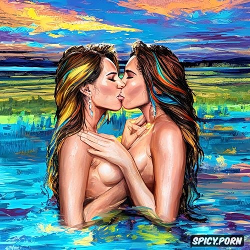 lesbian couple kissing, sidele, rainbow sky