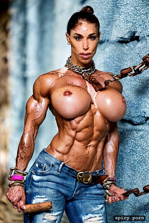 highres, realistic, belt around waist, digging, extreme muscular woman topless with massive abs