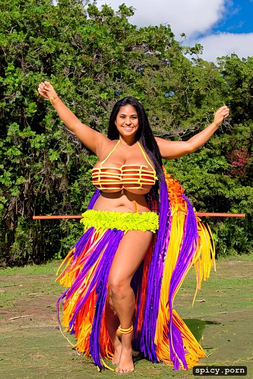 18 yo beautiful hawaiian hula dancer, color portrait, performing on stage