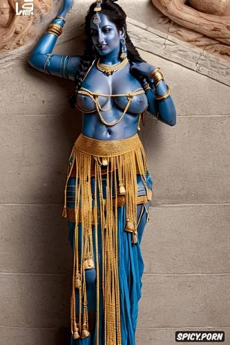 thin waist, solo indian kali woman, gold jewelry, big stone tits