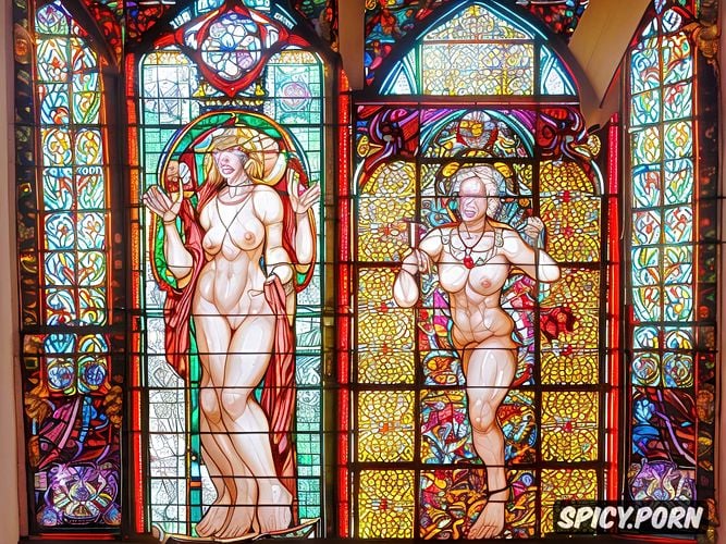 naked, pissing in church, smiling, wrinkeled, stained glass windows
