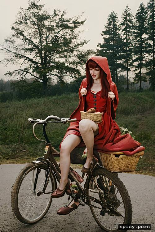 freckles, redhaired, pissing on wolf, see naked boobs, bicycle in background
