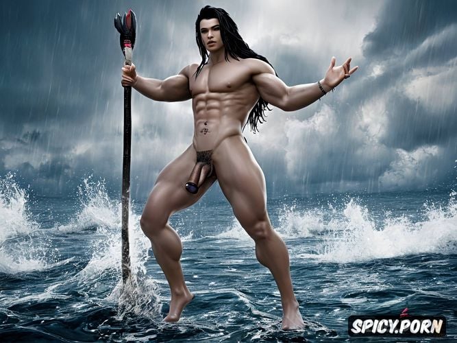 bodybuilder like, very muscular, walking on water surface oiled body