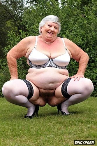 hanging belly, facing camera, white granny, thick thighs, girdle