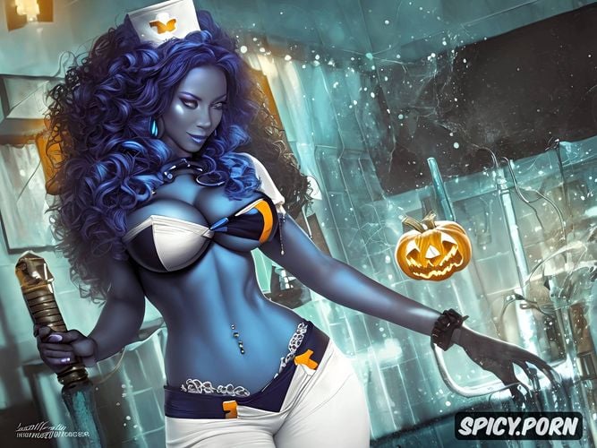 halloween, athletic body, nurse, silicon boobs, curly hair, blue hair