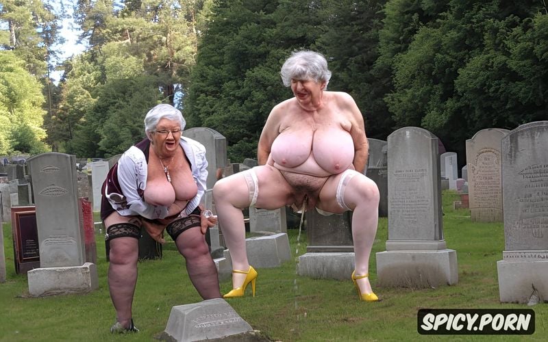 high heels, gigantic breast, ultra detailed pissing very old granny on the grave