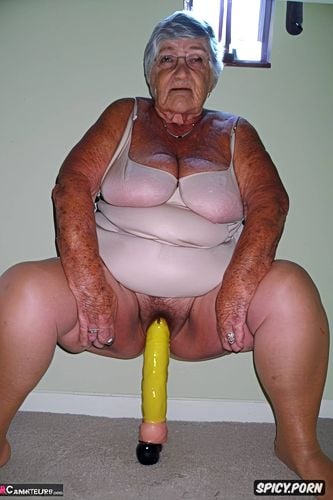 perfect obese face, intense eye contact, obese ugly ssbbw granny squatting on dildo dildo halfway in her anus