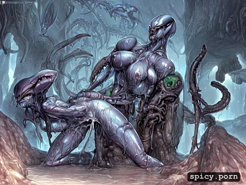 fleshy walls sprouting dicks and pussies, dick in pussy, dripping wet xenomorph pussy